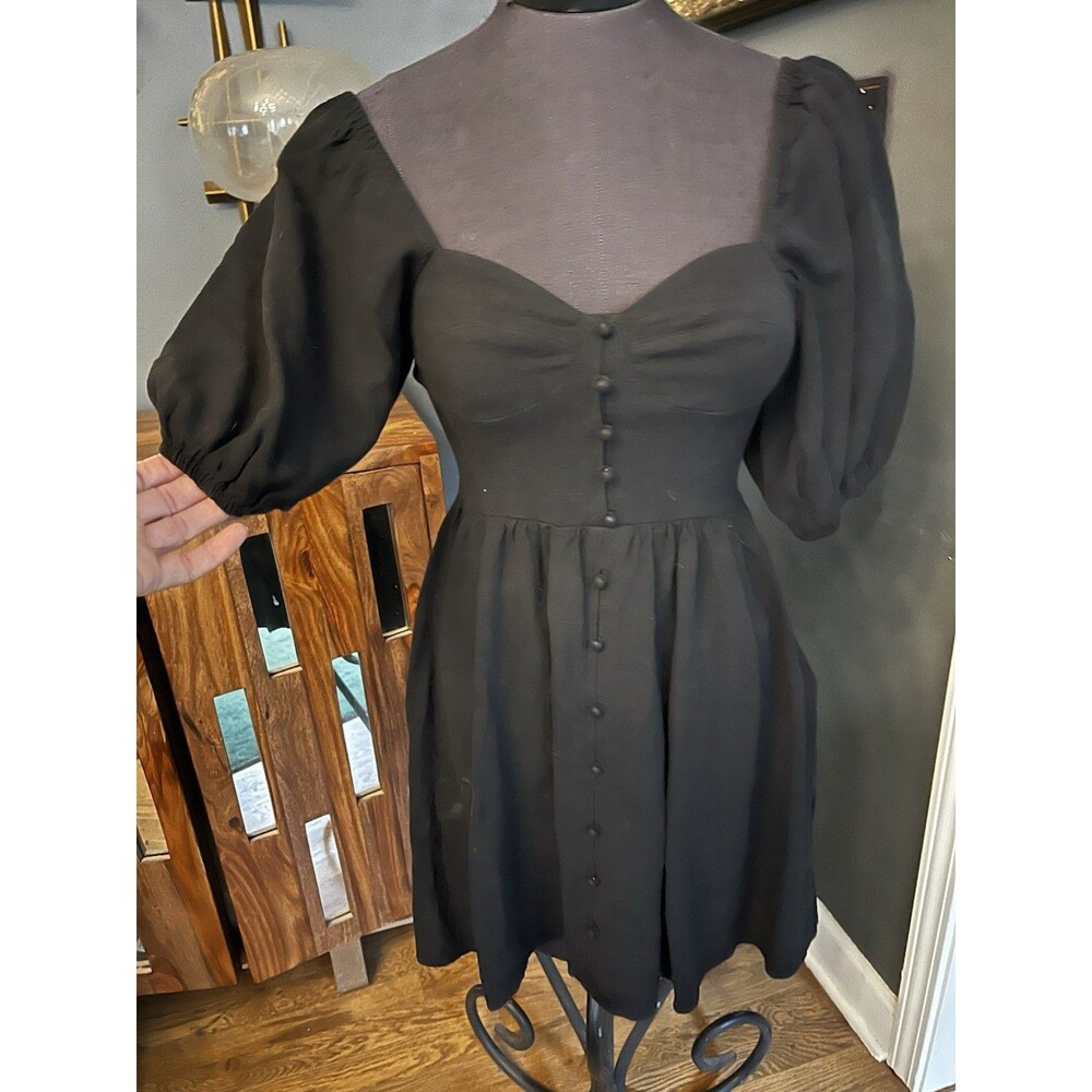 Cottagecore Coquette Cotton Smocked Mini Dress Black Puff Sleeve Summer Sun M